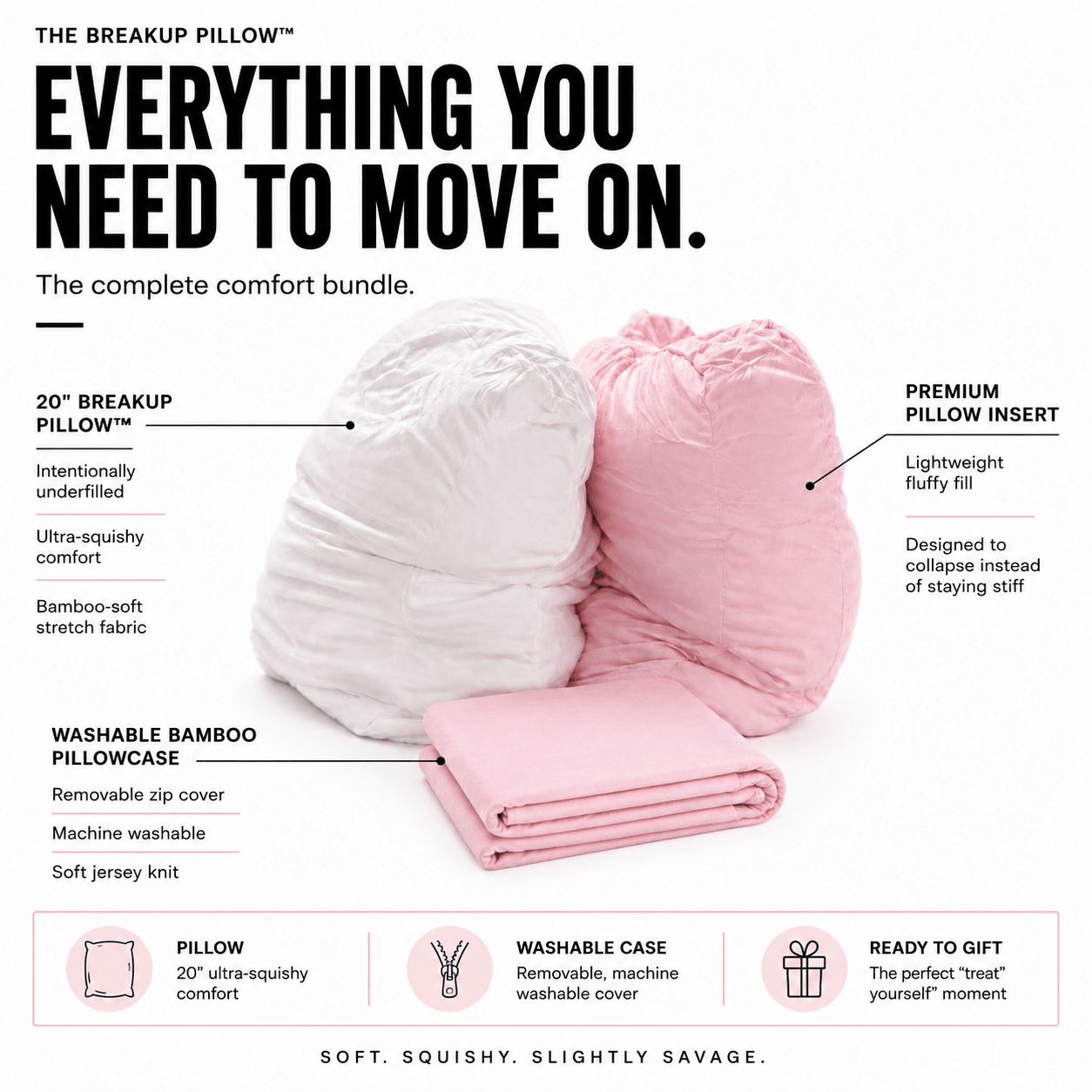 An infographic-style product photo showing a comfort bundle set including a white broken-up pillow, a pink broken-up pillow insert, and a folded pink pillowcase on a white background, with text callouts naming each component and features.