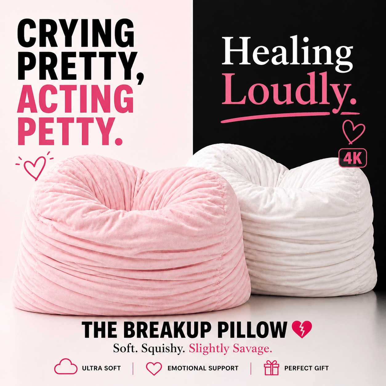 Two squishy divorce gift pillows, one pink and one white, with text about emotional support and a product description.