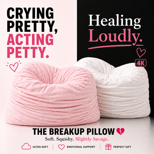 Two squishy divorce gift pillows, one pink and one white, with text about emotional support and a product description.