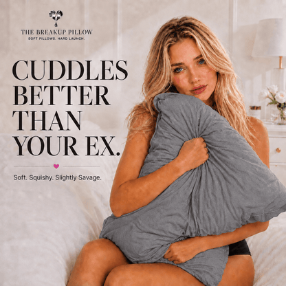 Woman hugging Shady AF gray breakup pillow in bed – Cuddles Better Than Your Ex, breakup gift for her by The Breakup Pillow