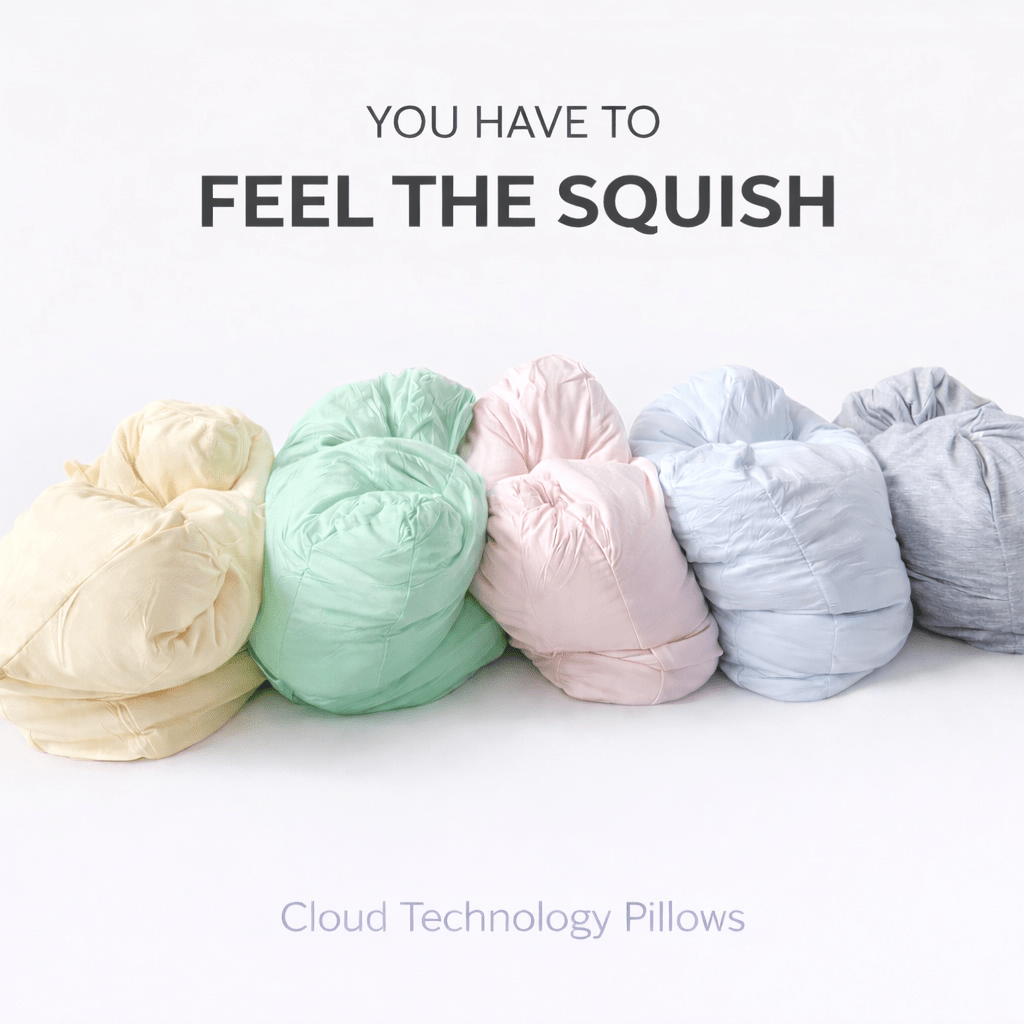Pastel-colored cloud technology pillows on a white background with promotional text.