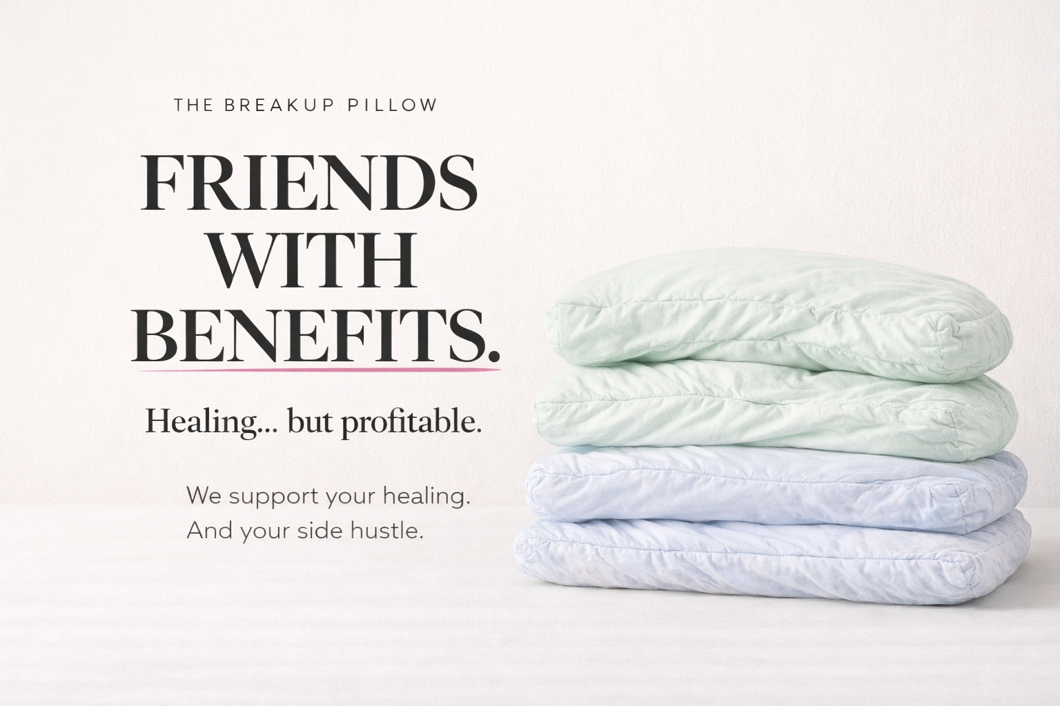 Blue and Mint breakup gift pillows with the words Friends with Benefits written on the on the image.