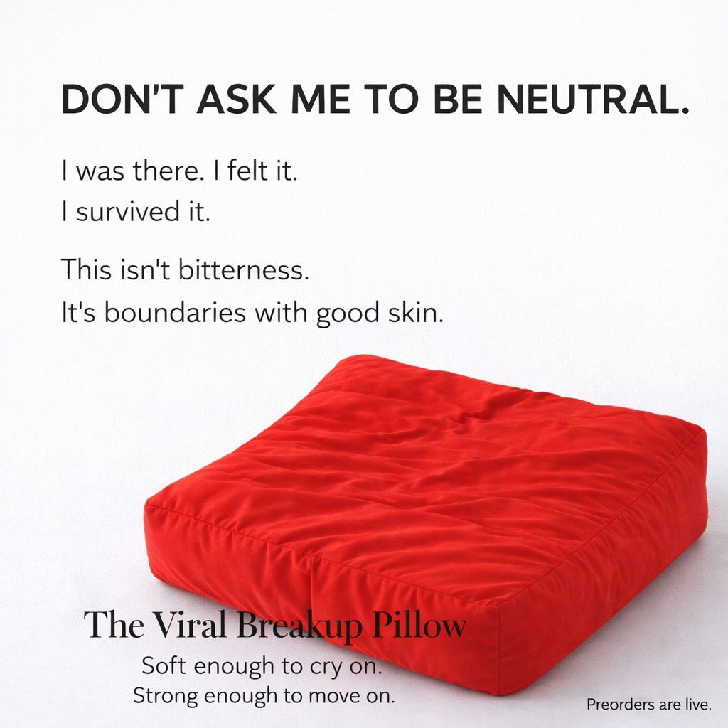 Red pillow with text about boundaries and a viral campaign on a white background