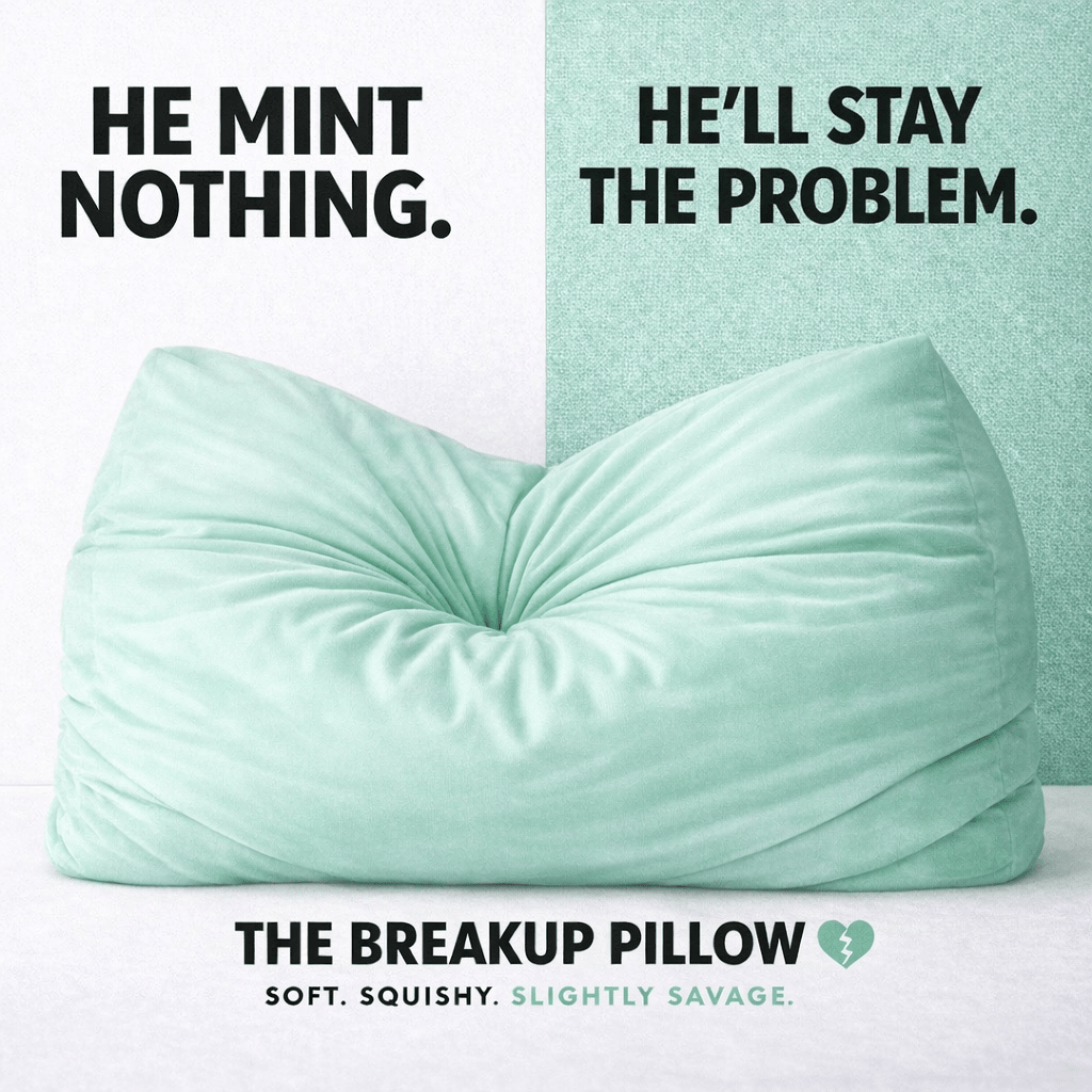 Mint breakup pillow with bold slogan and tagline Soft Squishy Slightly Savage from The Breakup Pillow.