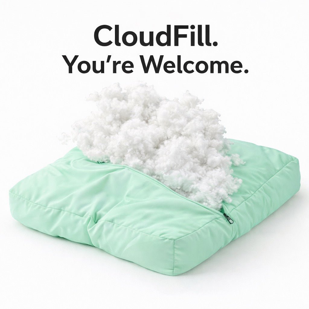 A mint green CloudFill floor cushion with a white cloud-shaped plush insert, shown on a clean white background with the text 'CloudFill. You're Welcome.