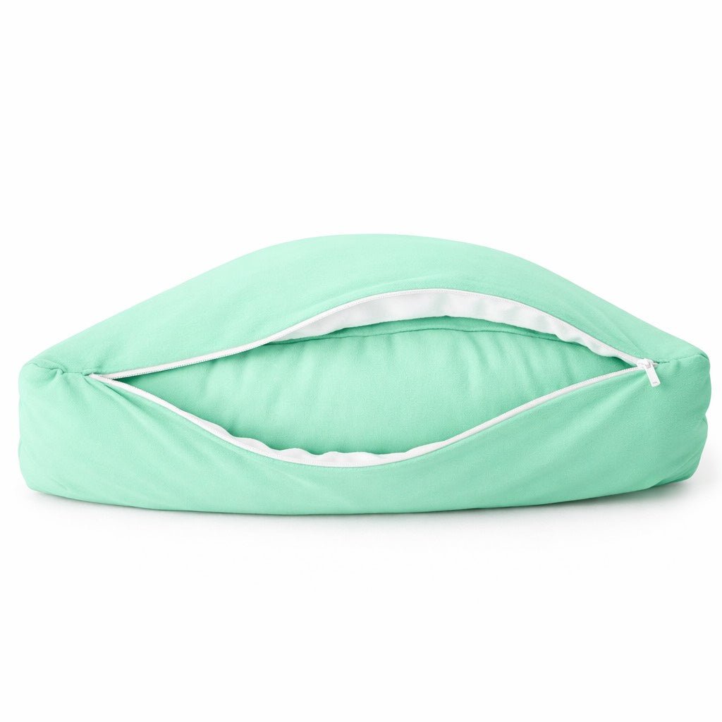 Mint bamboo breakup pillow showing hidden zipper and removable pillow cover for easy washing.
