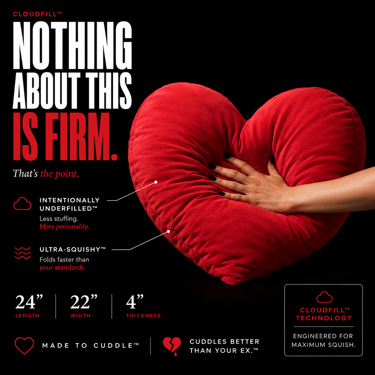 Left On Red ultra-squishy red heart pillow — healing gift for women by The Breakup Pillow