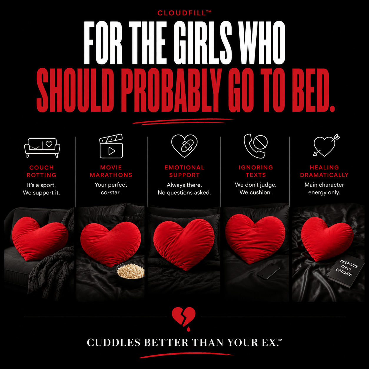 Left On Red red heart pillow styled as a self-care gift for women by The Breakup Pillow