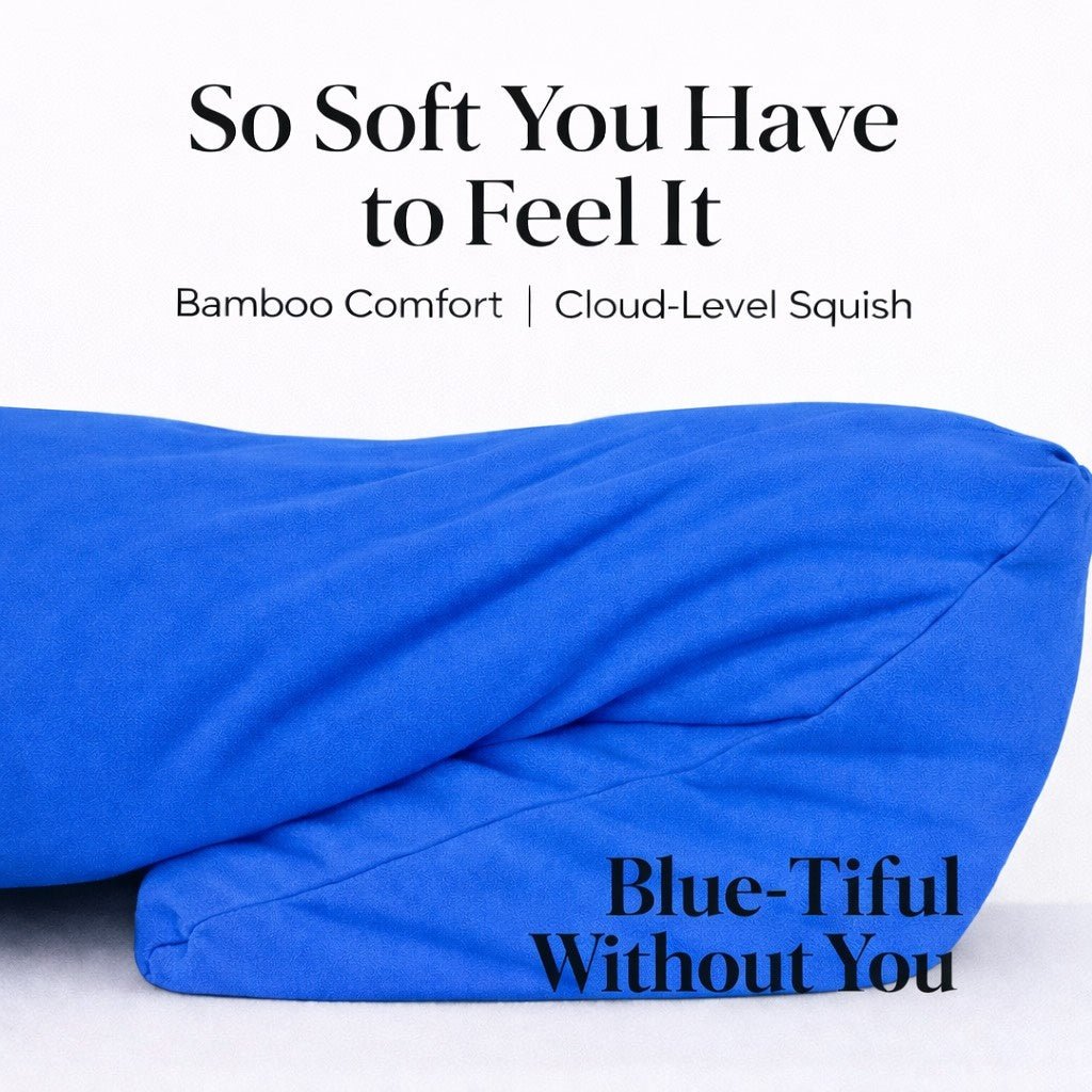 Blue bamboo fabric from The Breakup Pillow with text highlighting comfort and softness