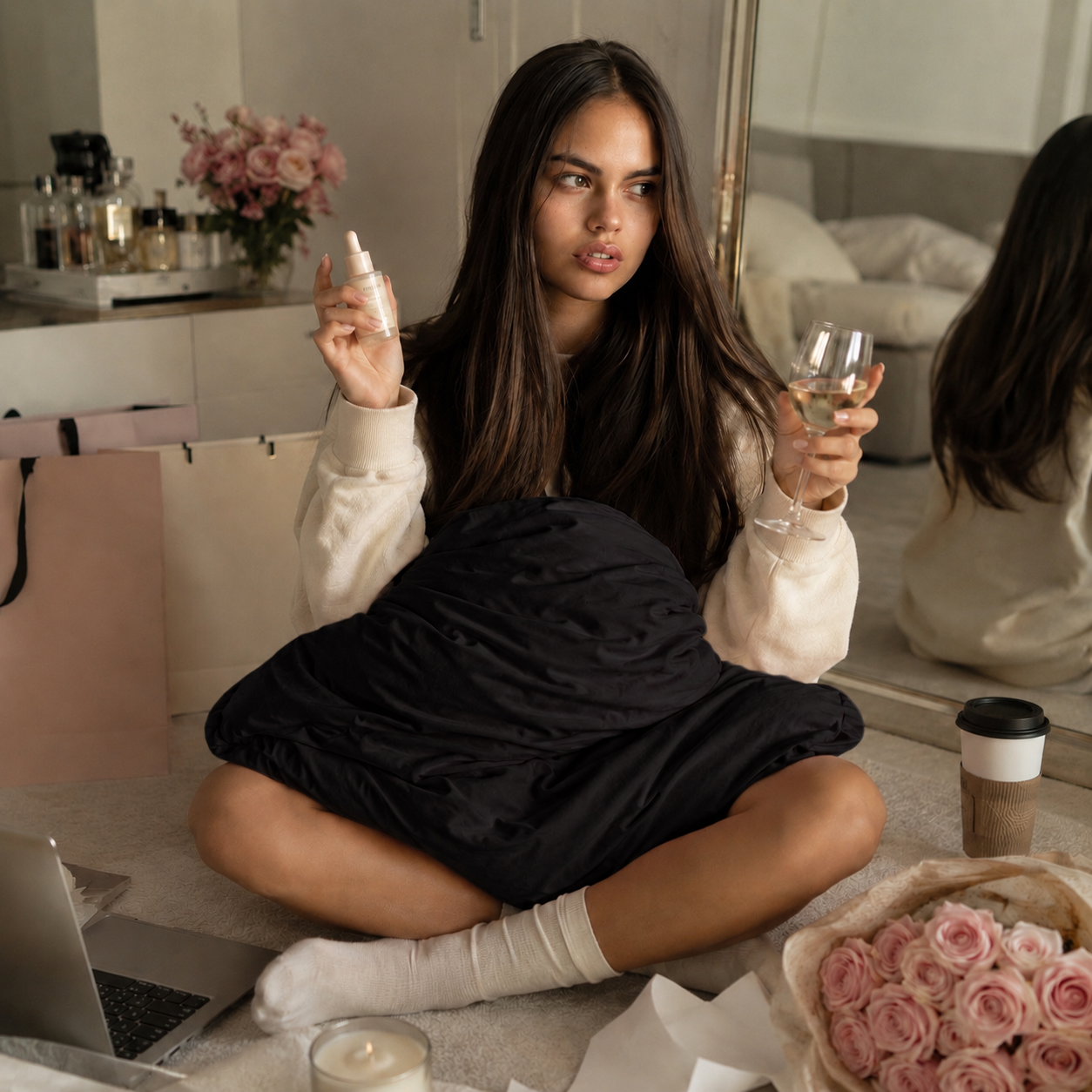 Woman sitting on a floor with a laptop, holding a black divorce gift pillow and a bottle of lotion.