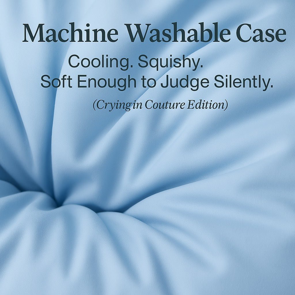 Text on a blue fabric background describing a machine washable case.
