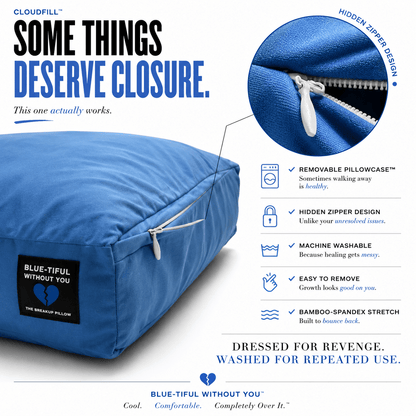 Blue-Tiful Without You blue breakup pillow features – machine-washable cuddle pillow with removable pillowcase by The Breakup Pillow