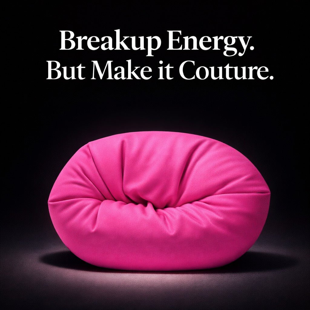 Hott Pink Breakup Pillow with text 'Breakup Energy. But Make it Couture.' on a black background