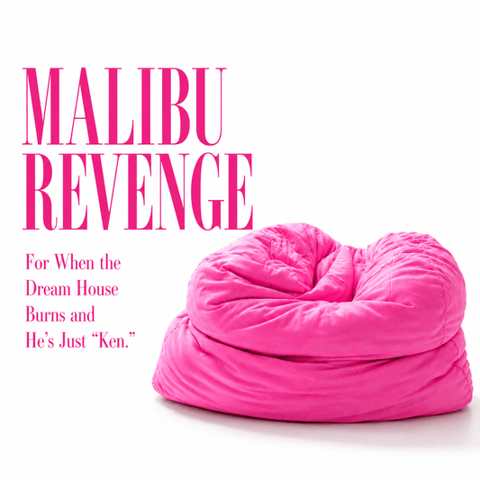 Pink squishy pillow with text 'MALIBU REVENGE' on a white background