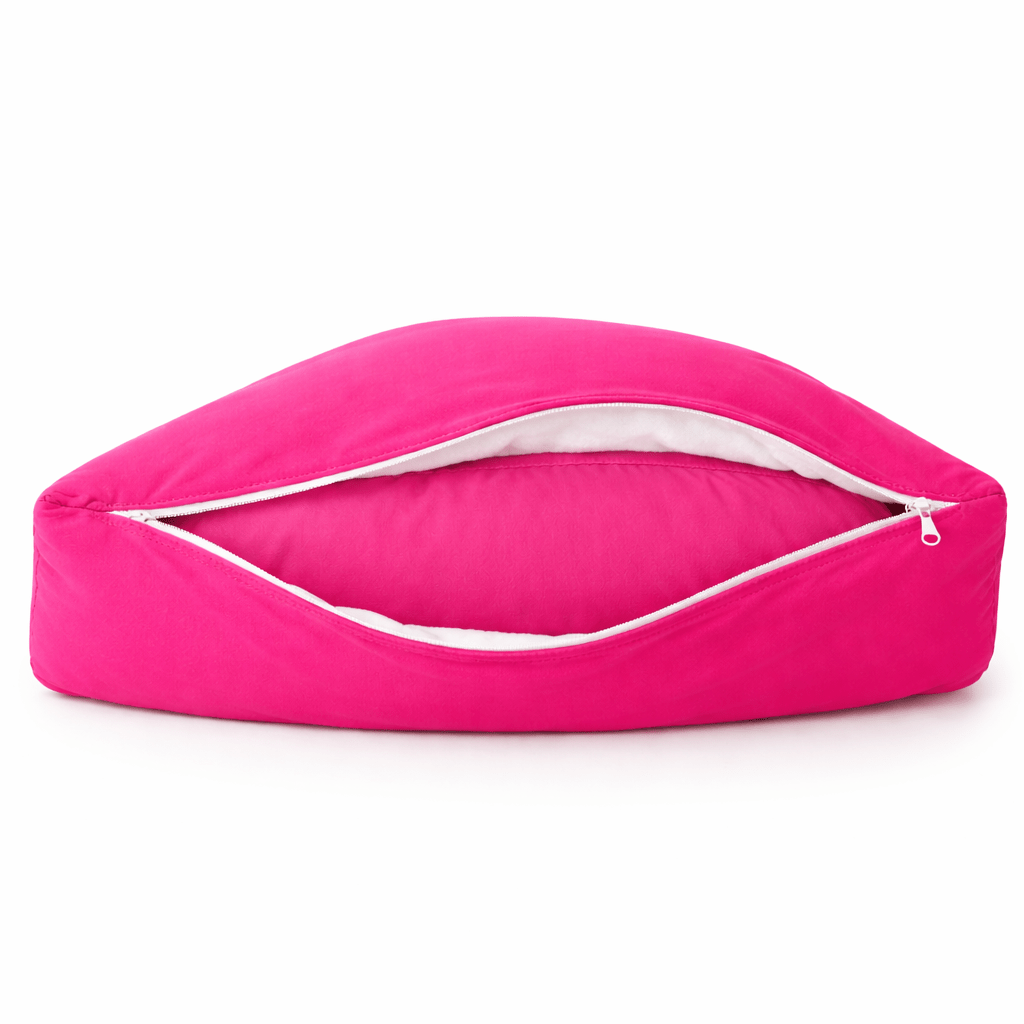 Hot pink bamboo breakup pillow with 20x20x4 inch size dimensions for glow-up comfort with zipper.