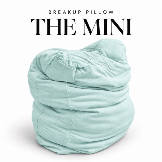 The Mini Breakup Pillow in mint – He Mint Nothing 16x16x3 small squishy cuddle pillow, folded and slouched