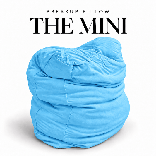 The Mini Breakup Pillow in sky blue – Blue His Chance 16x16x3 small squishy cuddle pillow, folded and slouched