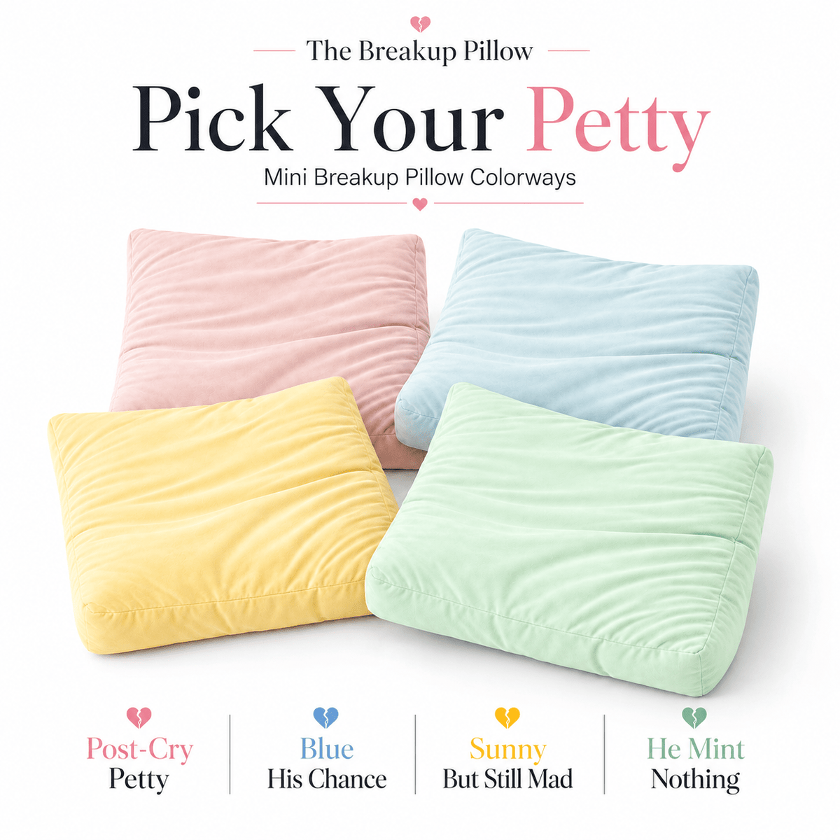 Mini Breakup Pillow colorways – pink, blue, yellow and mint 16-inch bamboo cuddle pillows by The Breakup Pillow
