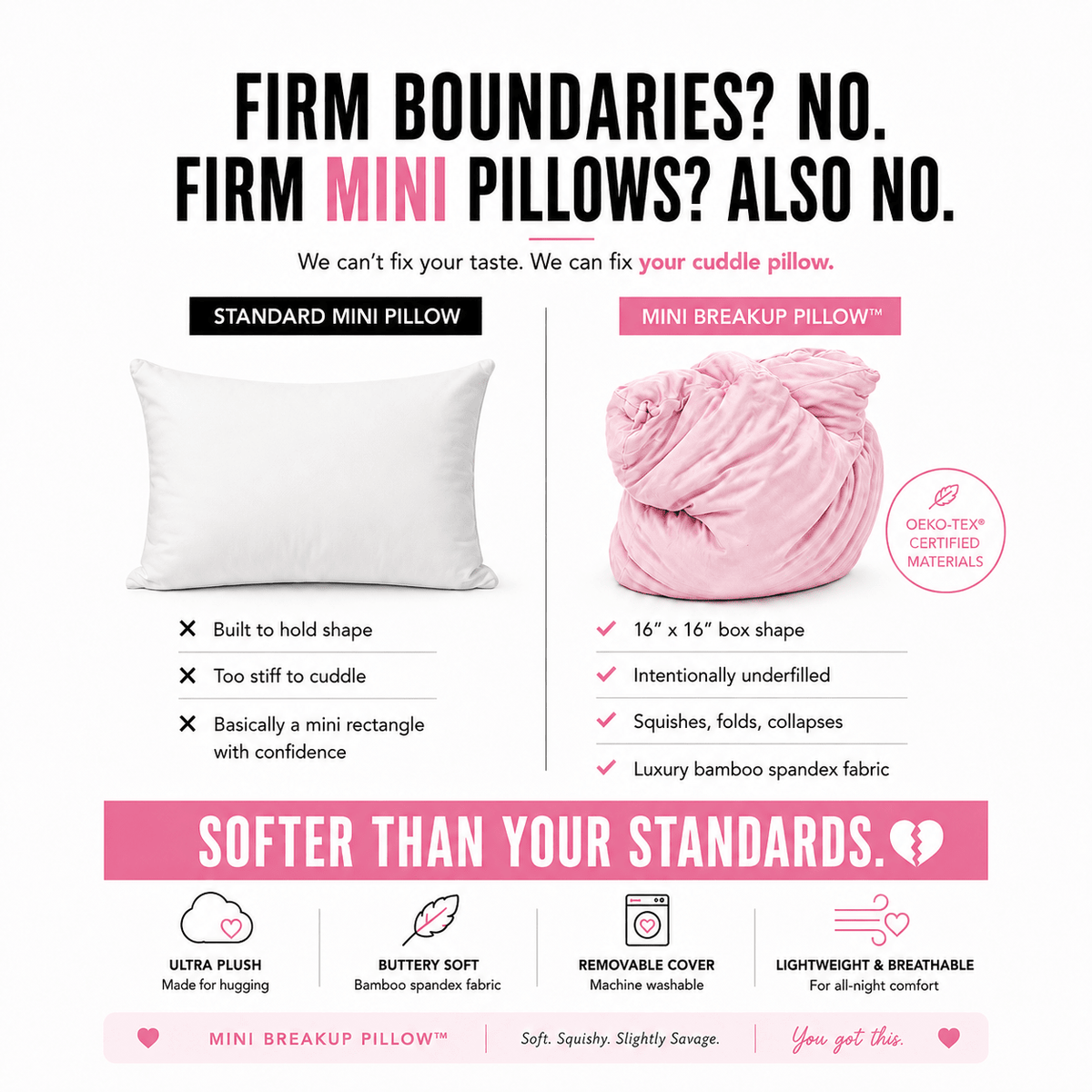 Mini Breakup Pillow vs standard mini pillow comparison – soft underfilled bamboo cuddle pillow by The Breakup Pillow