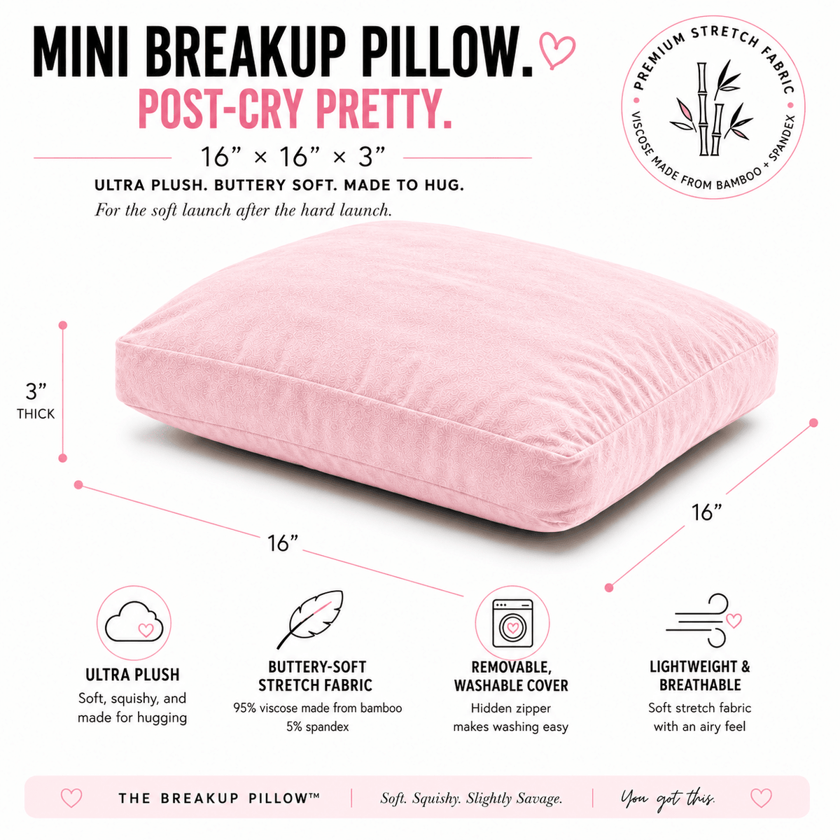 Post-Cry Pretty pink Mini Breakup Pillow – 16-inch soft bamboo cuddle pillow, breakup gift for her by The Breakup Pillow