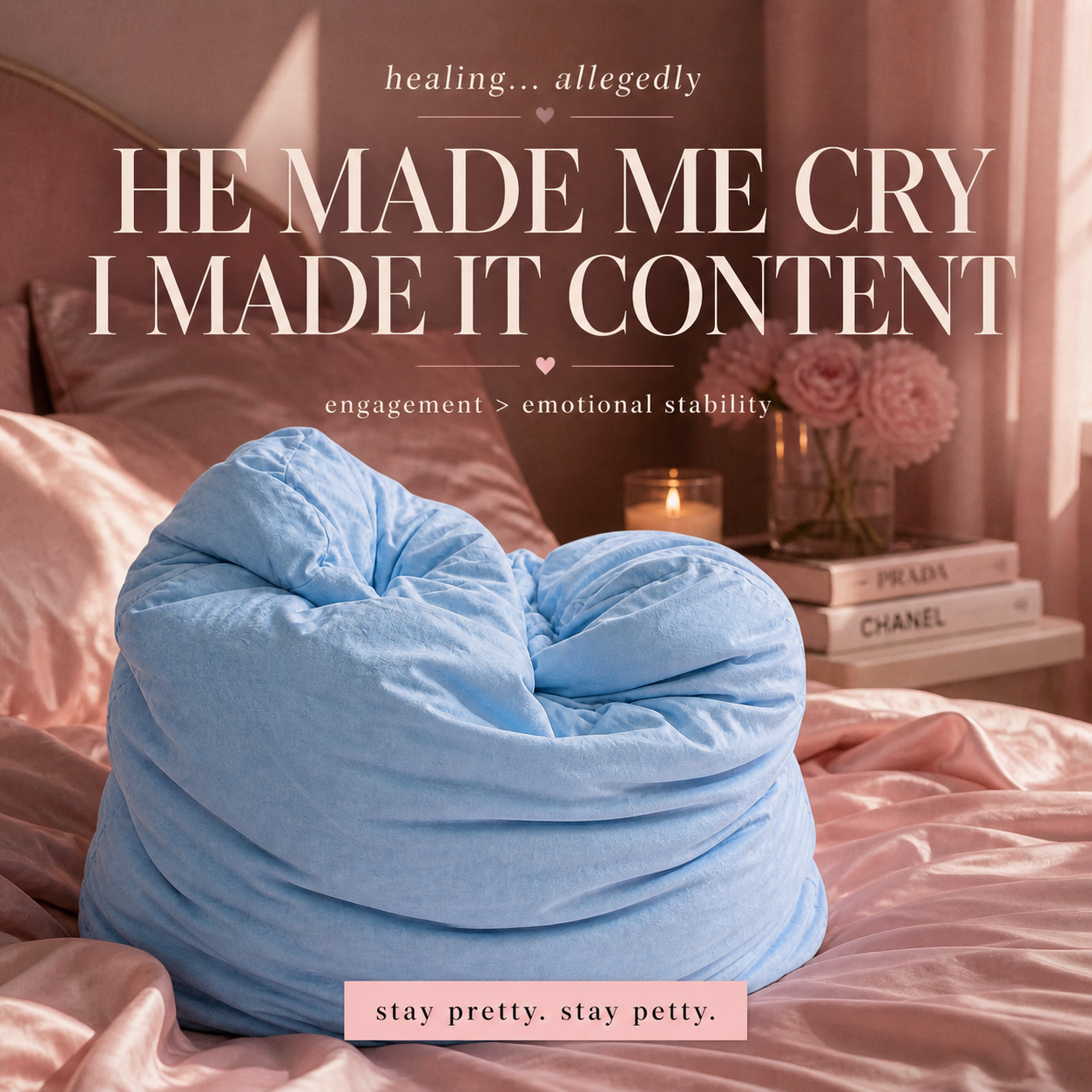 Blue gift for her on a bed with text overlay in a bedroom setting