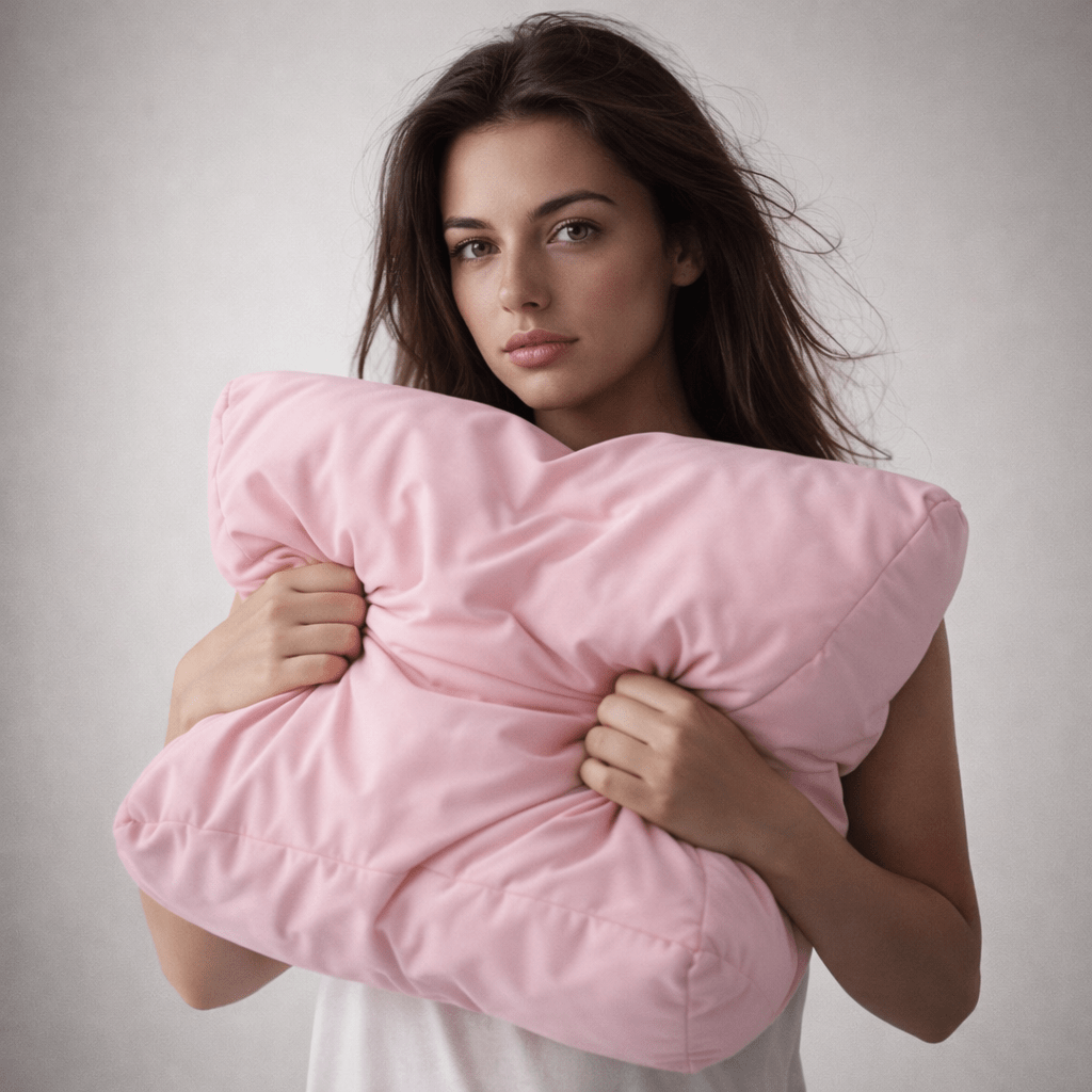 Woman holding a large pink pillow against a plain background