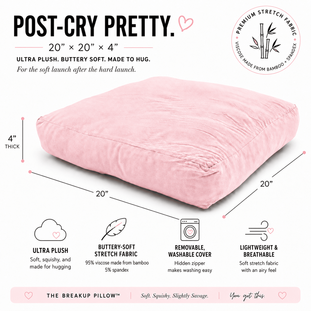 Post-Cry Pretty pink breakup pillow size guide – 20 x 20 x 4 inch bamboo cuddle pillow, gift for her by The Breakup Pillow