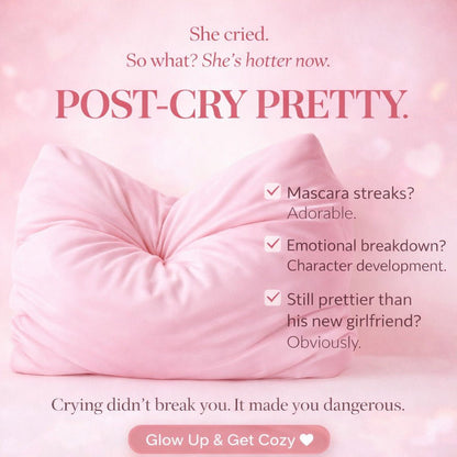 Post-Cry Pretty pink breakup pillow features – crying-but-cozy bamboo cuddle pillow by The Breakup Pillow