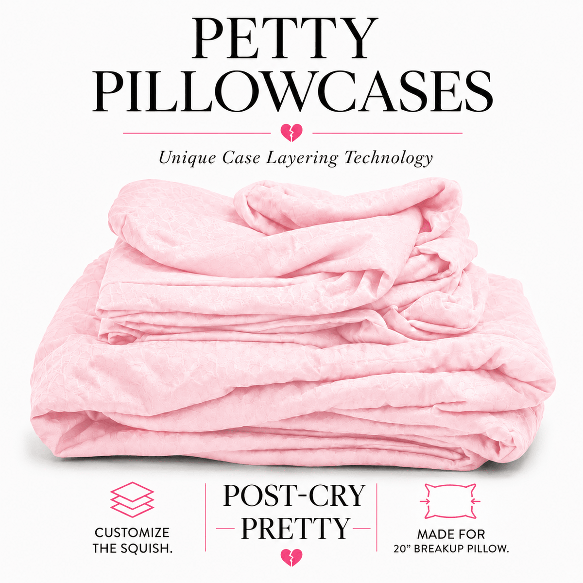 Post-Cry Pretty pink Petty Pillowcases stack – bamboo covers for 20-inch breakup pillows by The Breakup Pillow
