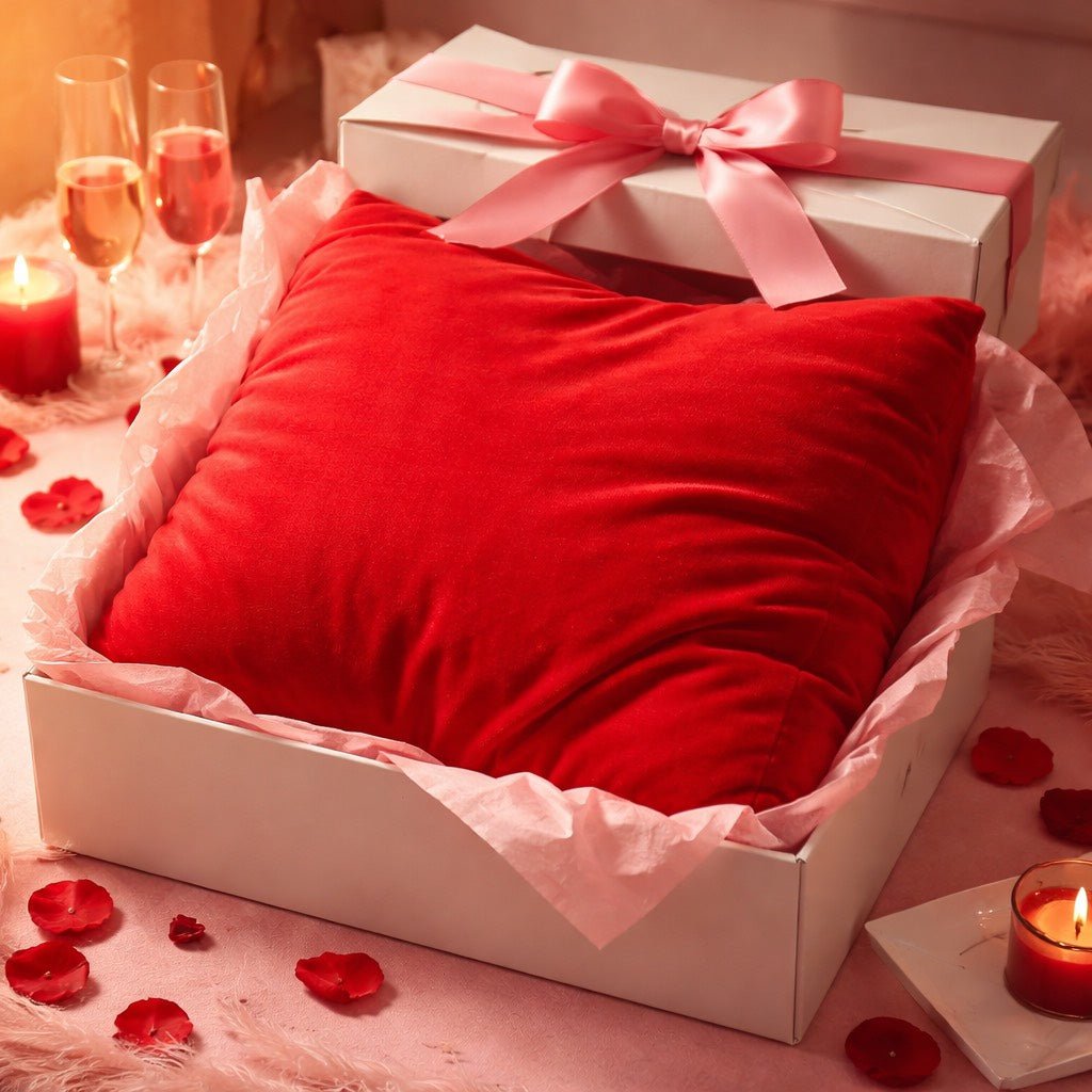 Red breakup pillow presented as a gift in a luxury box, perfect for breakup gifts, emotional healing, and bold statement bedroom decor