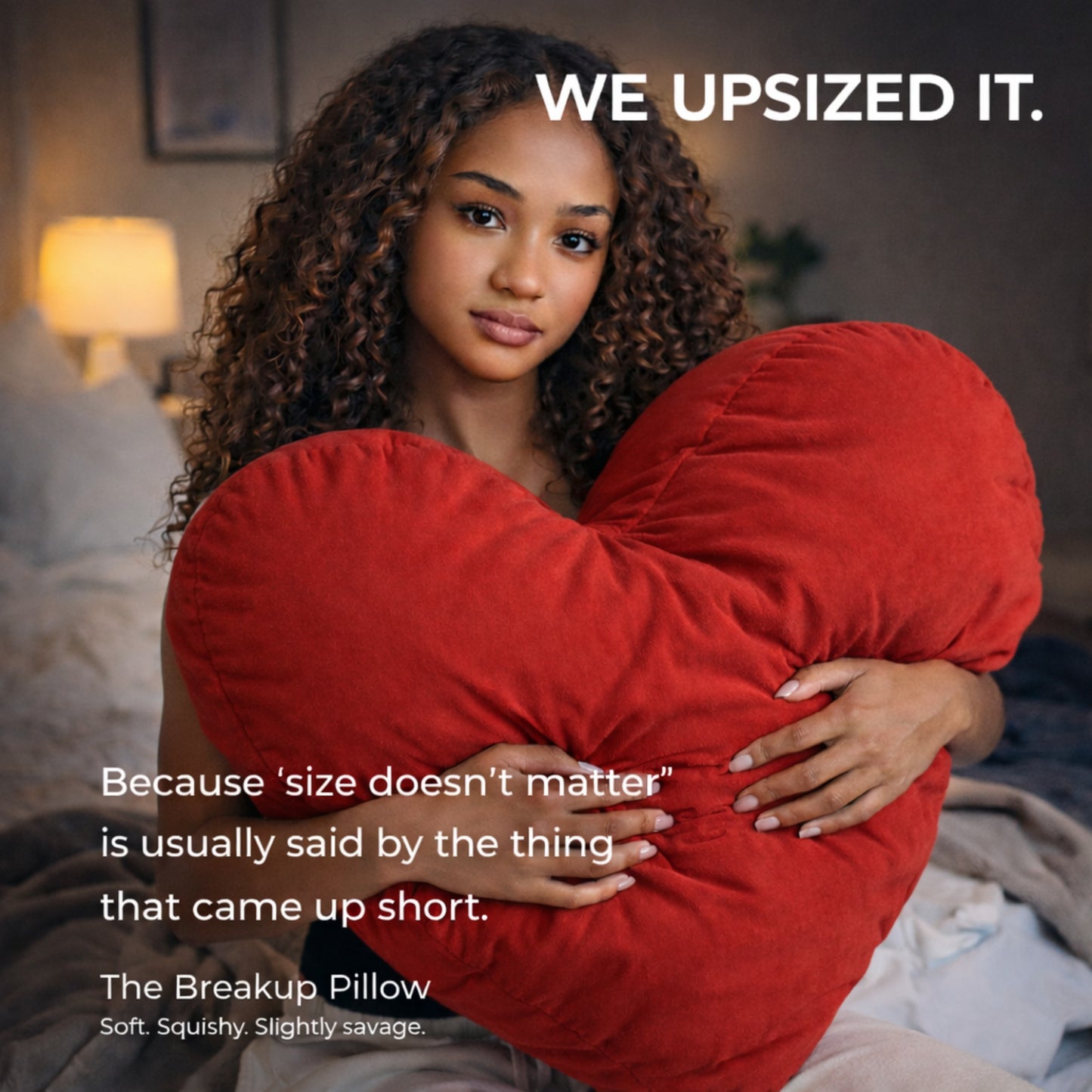 woman holding oversized red heart breakup pillow upgraded size comfort pillow for emotional support and heartbreak recovery