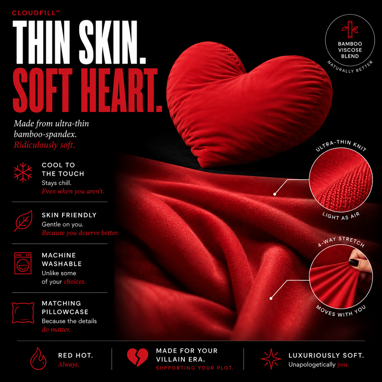 Left On Red heart pillow features — 24-inch bamboo viscose emotional support pillow by The Breakup Pillow