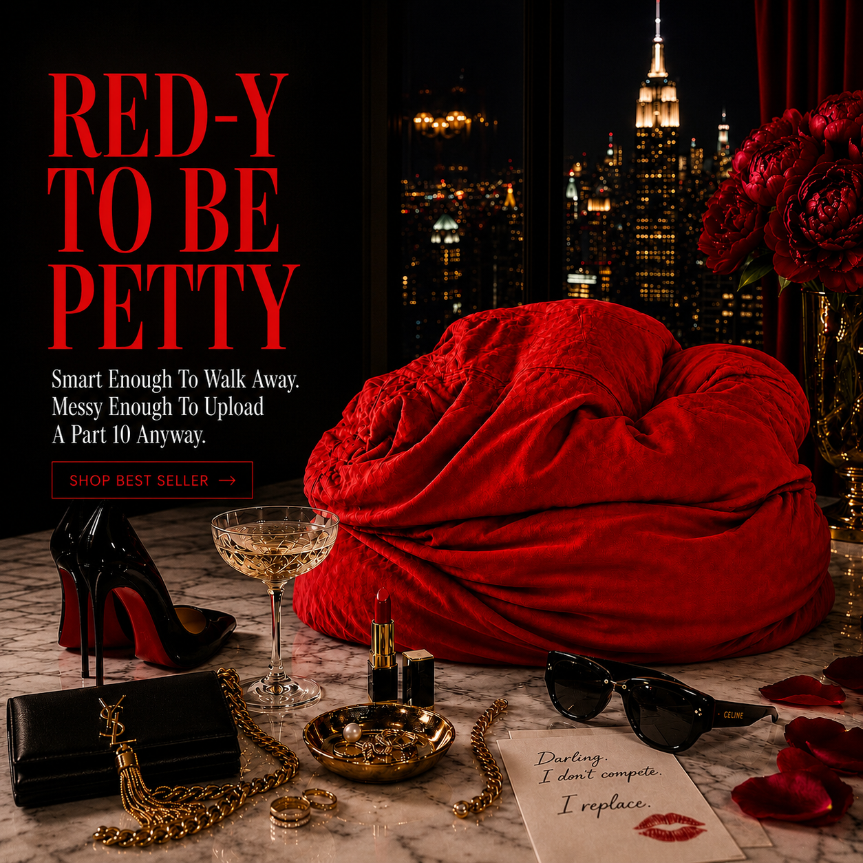 Red pillow with high heels, sunglasses, and roses on a table with a cityscape background.