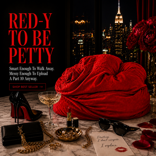 Red pillow with high heels, sunglasses, and roses on a table with a cityscape background.