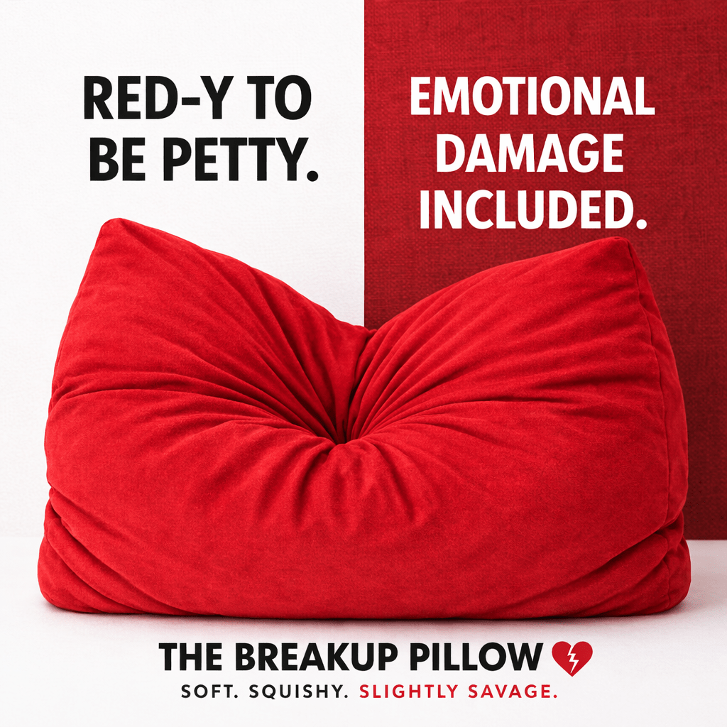 Red pillow with text about being petty and emotional damage, labeled 'The Breakup Pillow'.