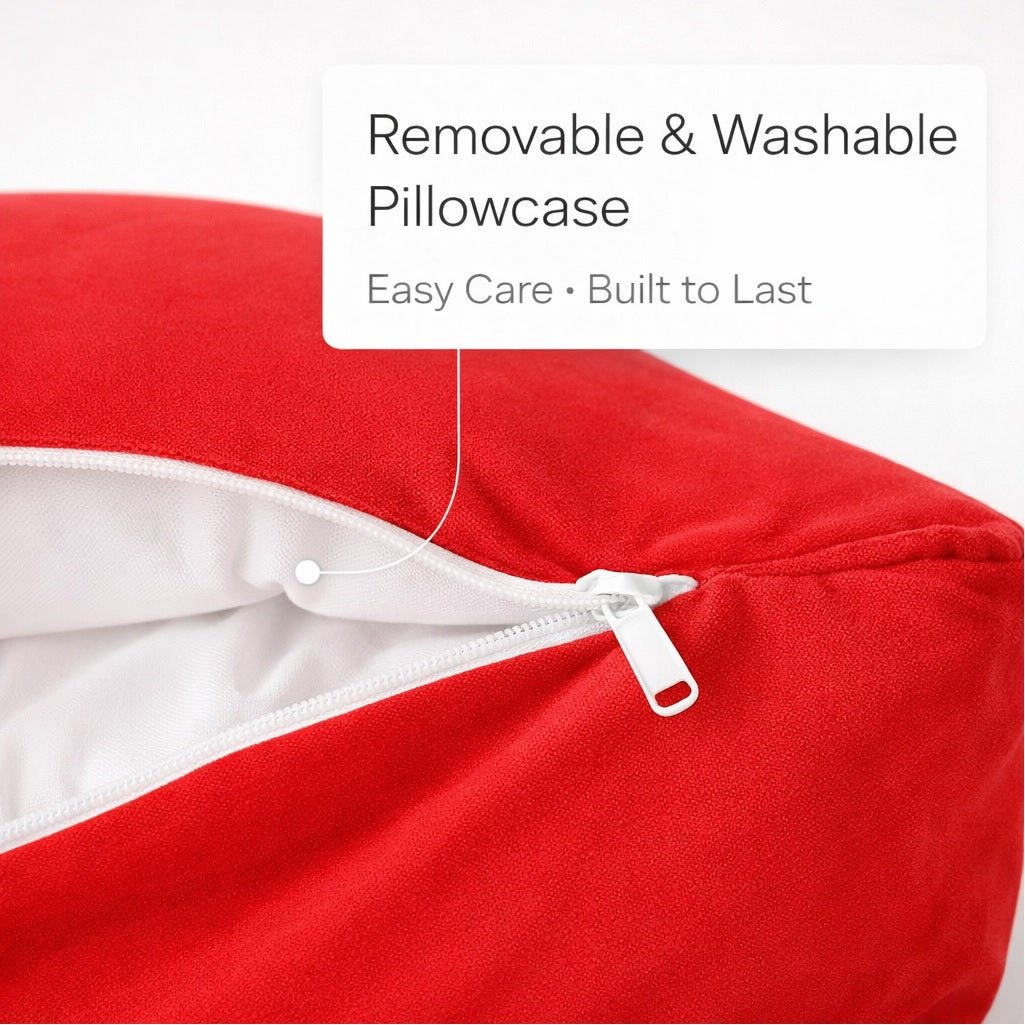 Red pillow with a white zipper and text about removable and washable pillowcase.