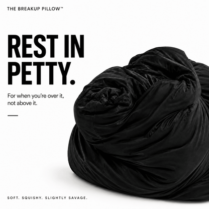 Rest In Petty black breakup pillow deflated on white – bamboo cuddle pillow, divorce gift for her by The Breakup Pillow