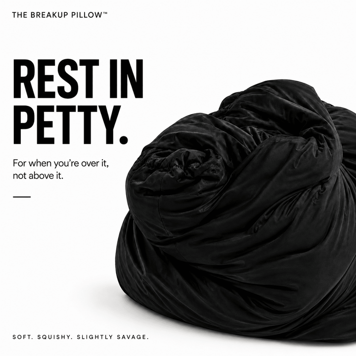Rest In Petty black breakup pillow deflated on white – bamboo cuddle pillow, divorce gift for her by The Breakup Pillow