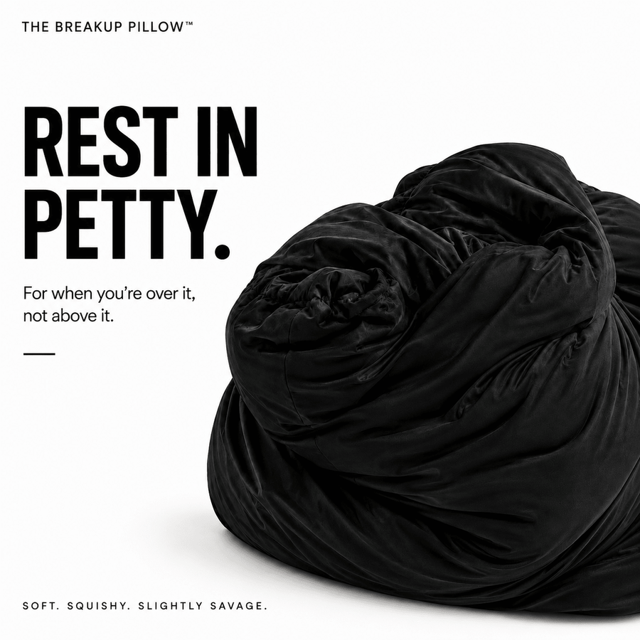 Rest In Petty black breakup pillow deflated on white – bamboo cuddle pillow, divorce gift for her by The Breakup Pillow