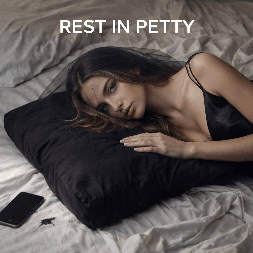 Woman lying on a bed with a black pillow, wearing a black strappy top, with 'REST IN PETTY' text above.