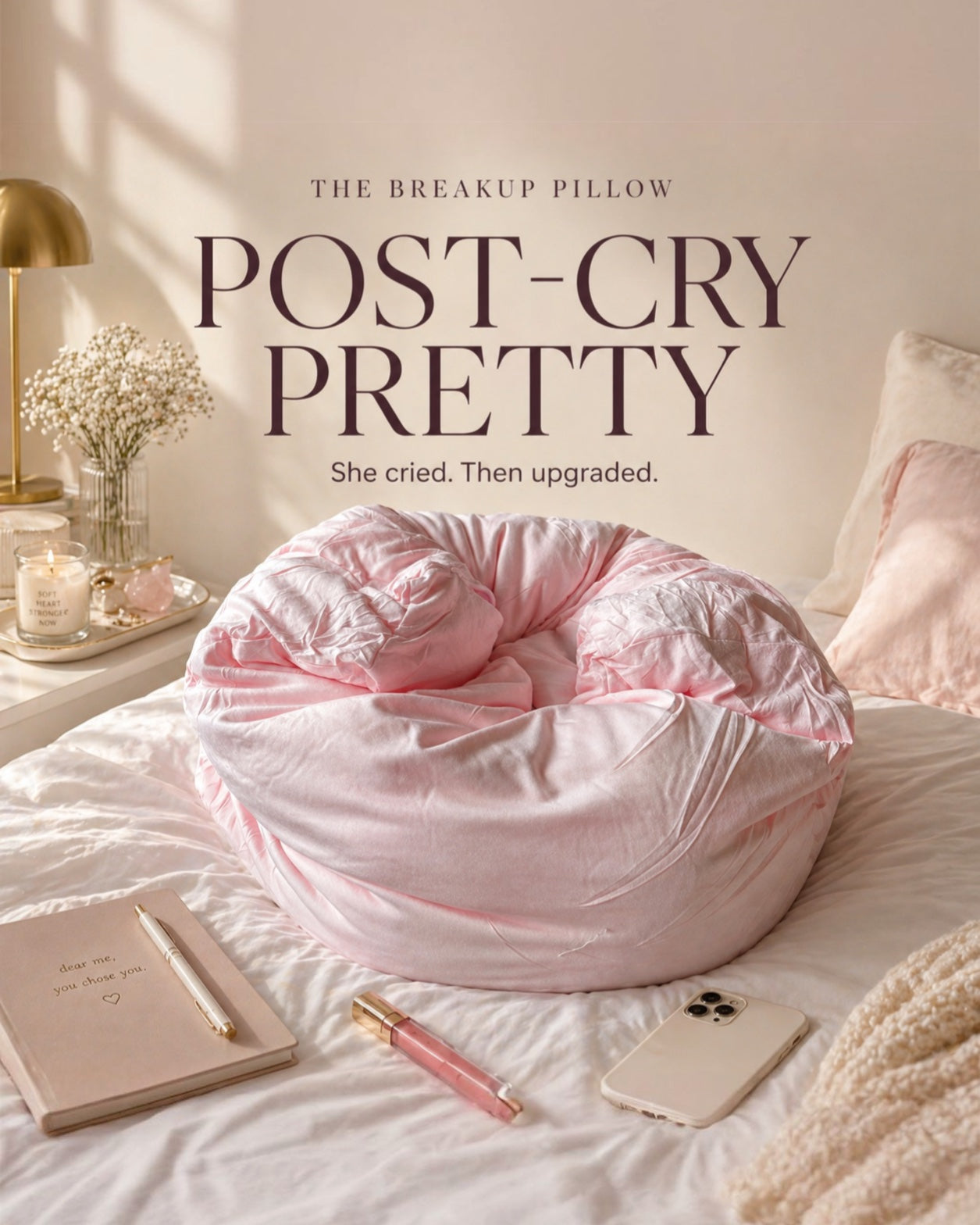 Pink breakup pillowon a bed with decorative items and text overlay that says Post-Cry Pretty.