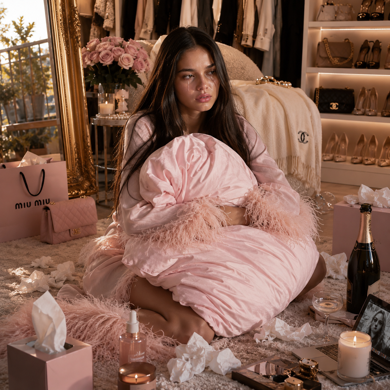 Sad Woman in a pink outfit sitting in a luxurious room with her post-cry pretty breakup pillow and fashion items around