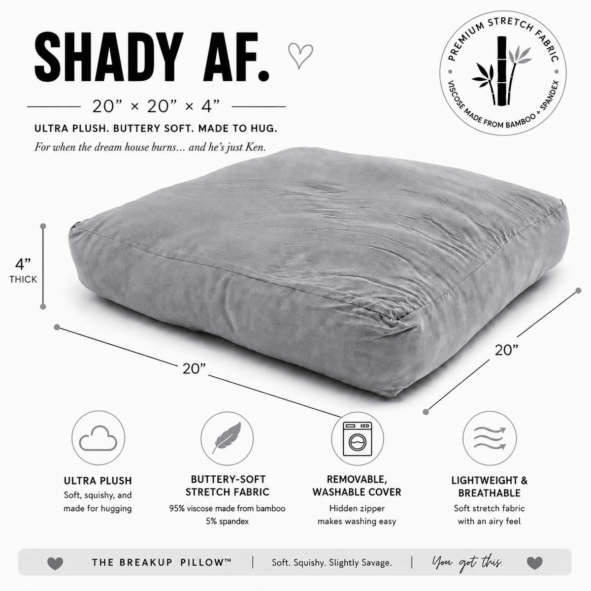 Shady AF gray breakup pillow size guide – 20 x 20 x 4 inch bamboo cuddle pillow, gift for her by The Breakup Pillow