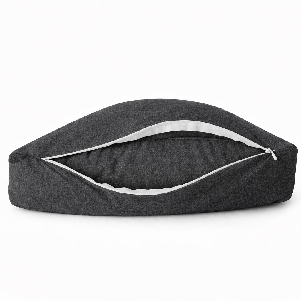 Grey bamboo breakup pillow with hidden zipper and removable, washable pillow cover.
