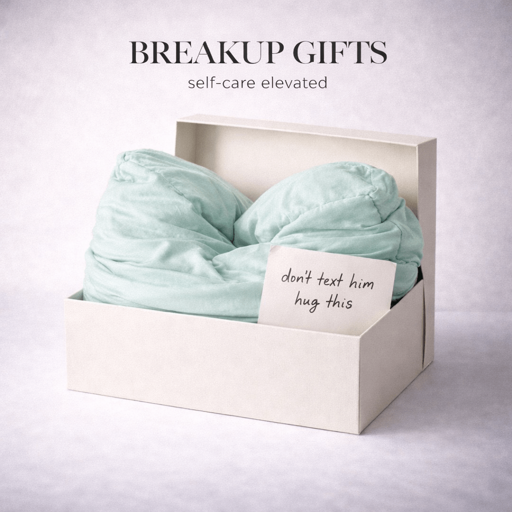 Mint Breakup gift in a box with a card reading 'don't text him hug this' on a light gray background.