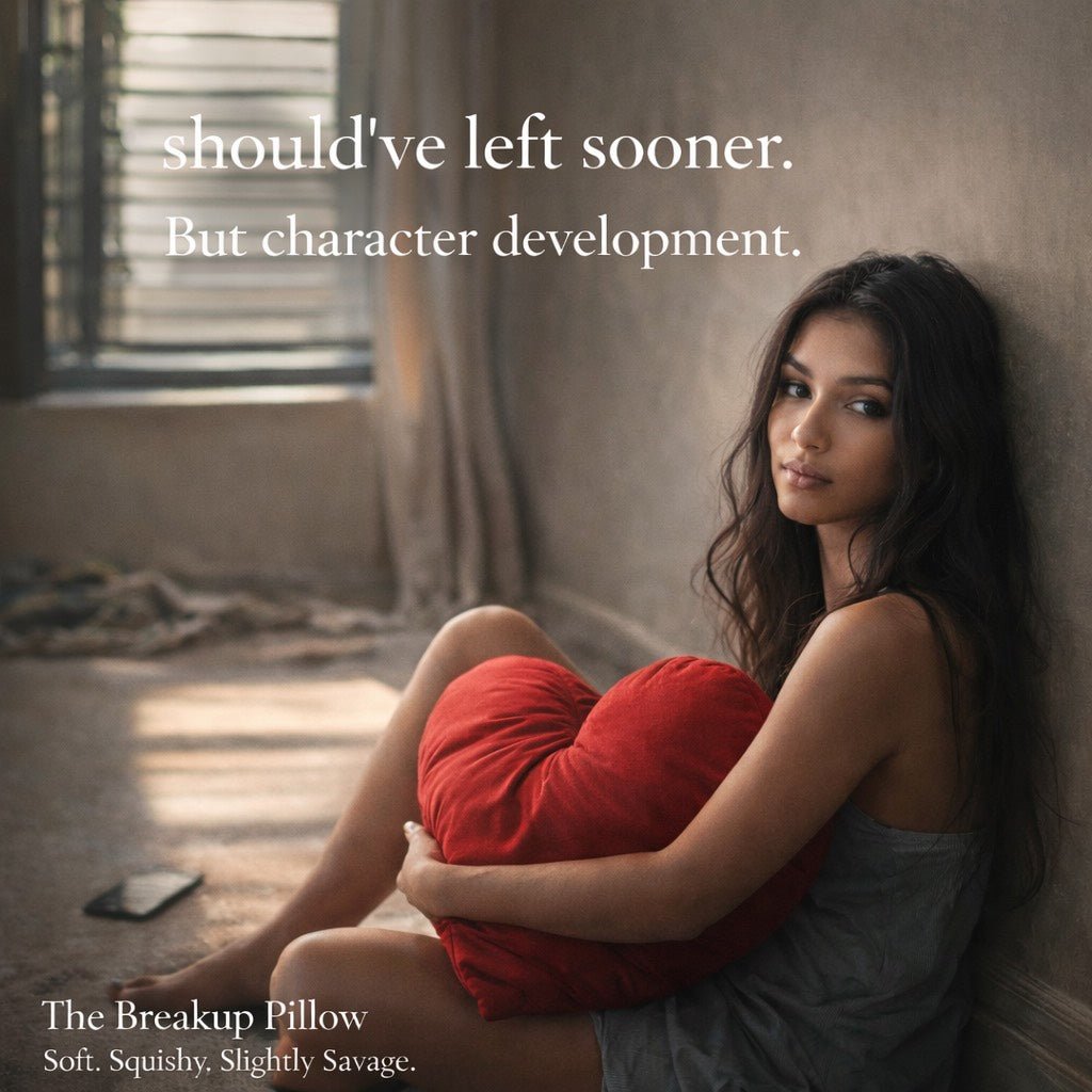 Woman holding a red pillow in a room with text overlay about character development.