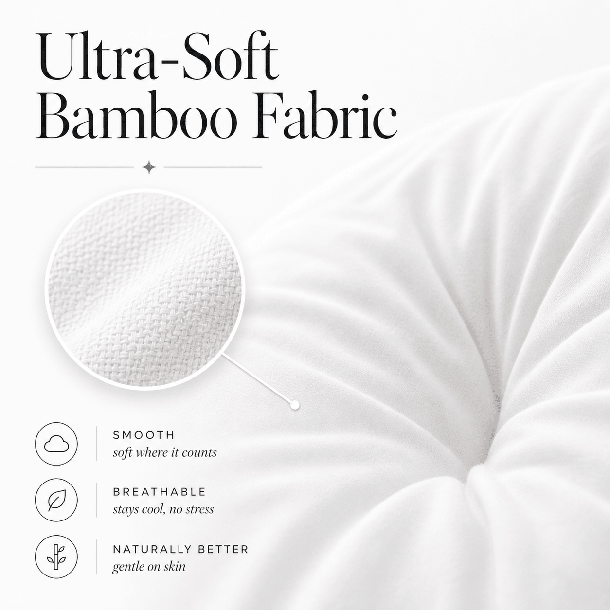 Ultra-soft bamboo fabric with close-up texture and text highlighting features.