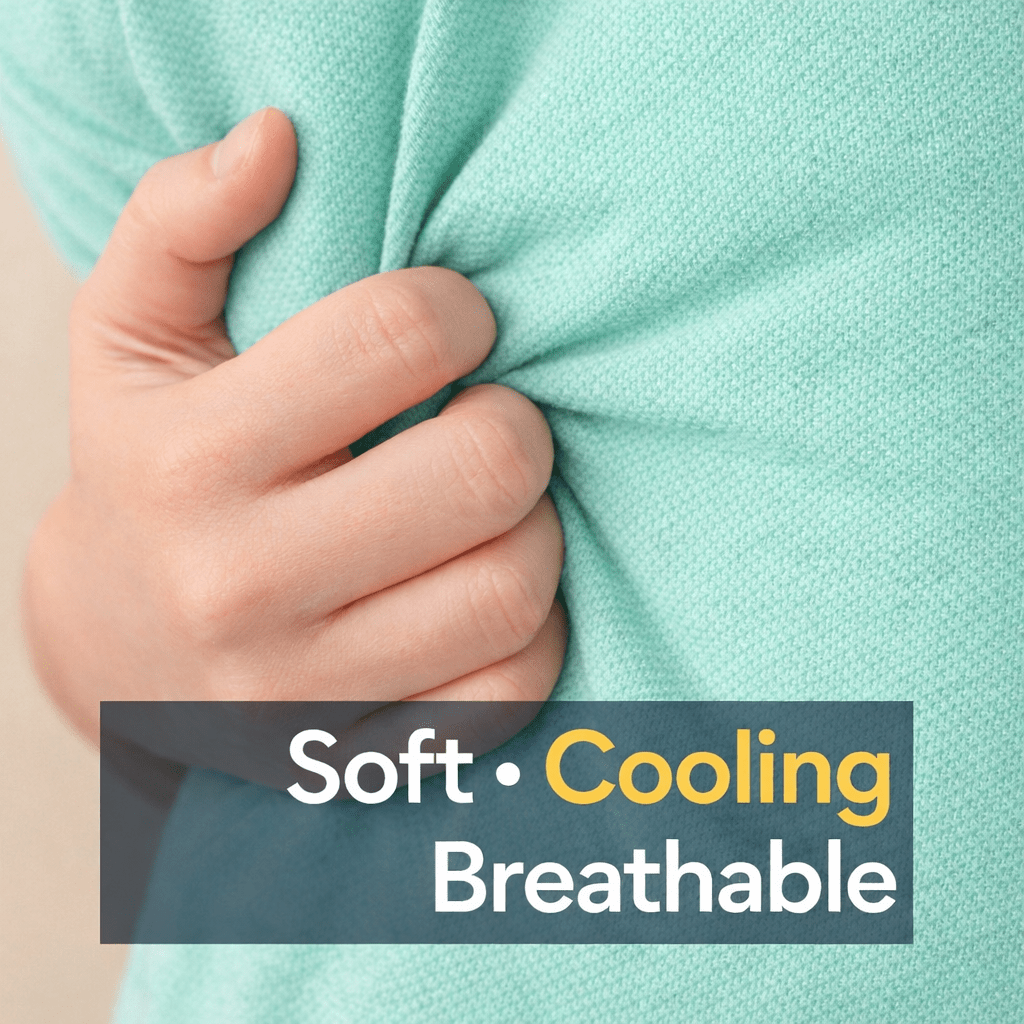 Hand holding a light mint fabric with 'Soft, Cooling, Breathable' text overlay