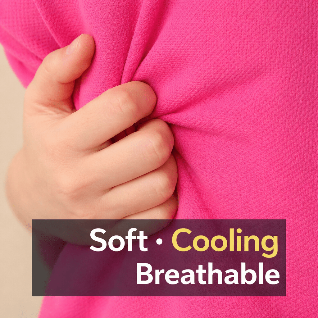 Hand touching pink fabric with 'Soft, Cooling, Breathable' text overlay
