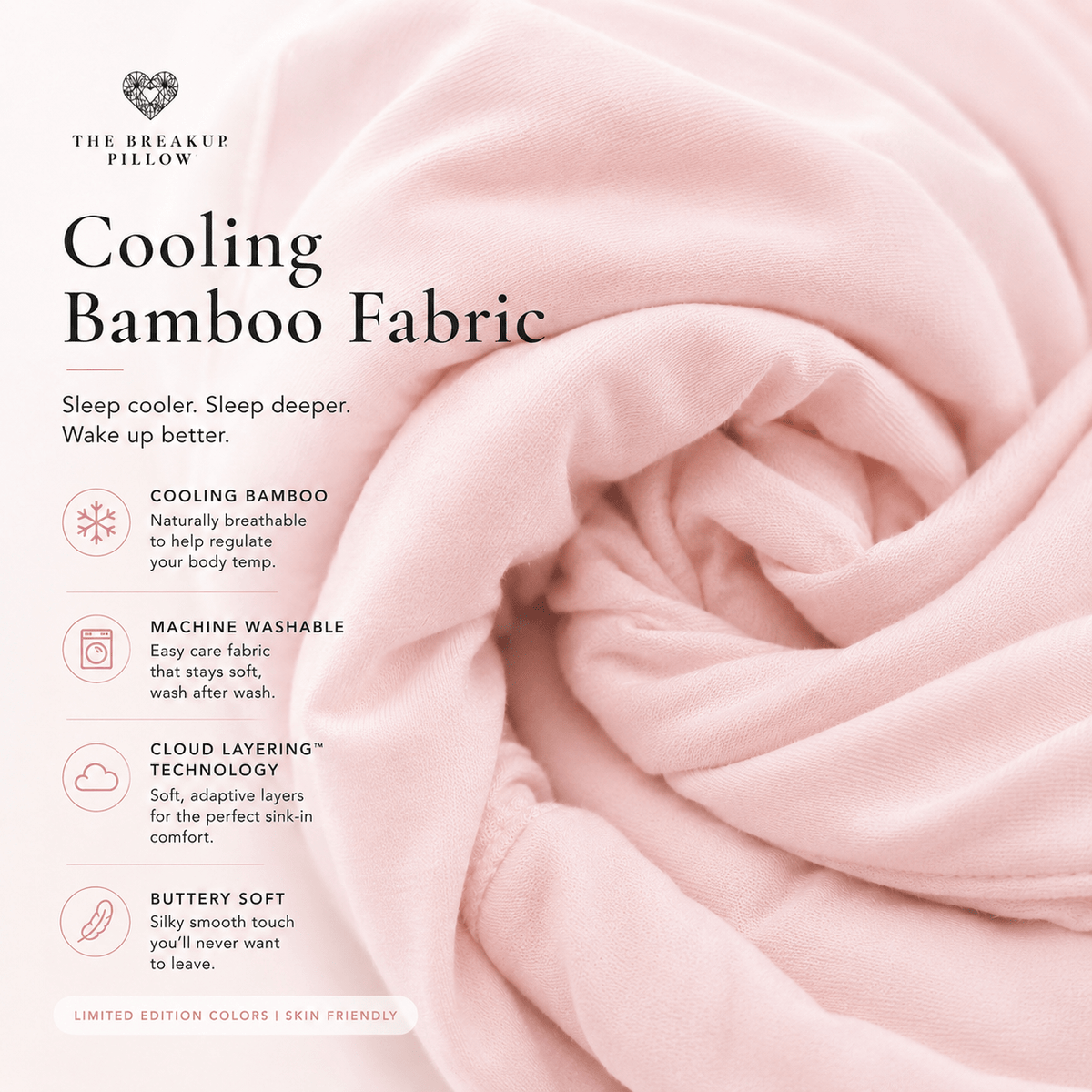 Soft cooling bamboo viscose fabric in pink – Post-Cry Pretty breakup pillow cover detail by The Breakup Pillow
